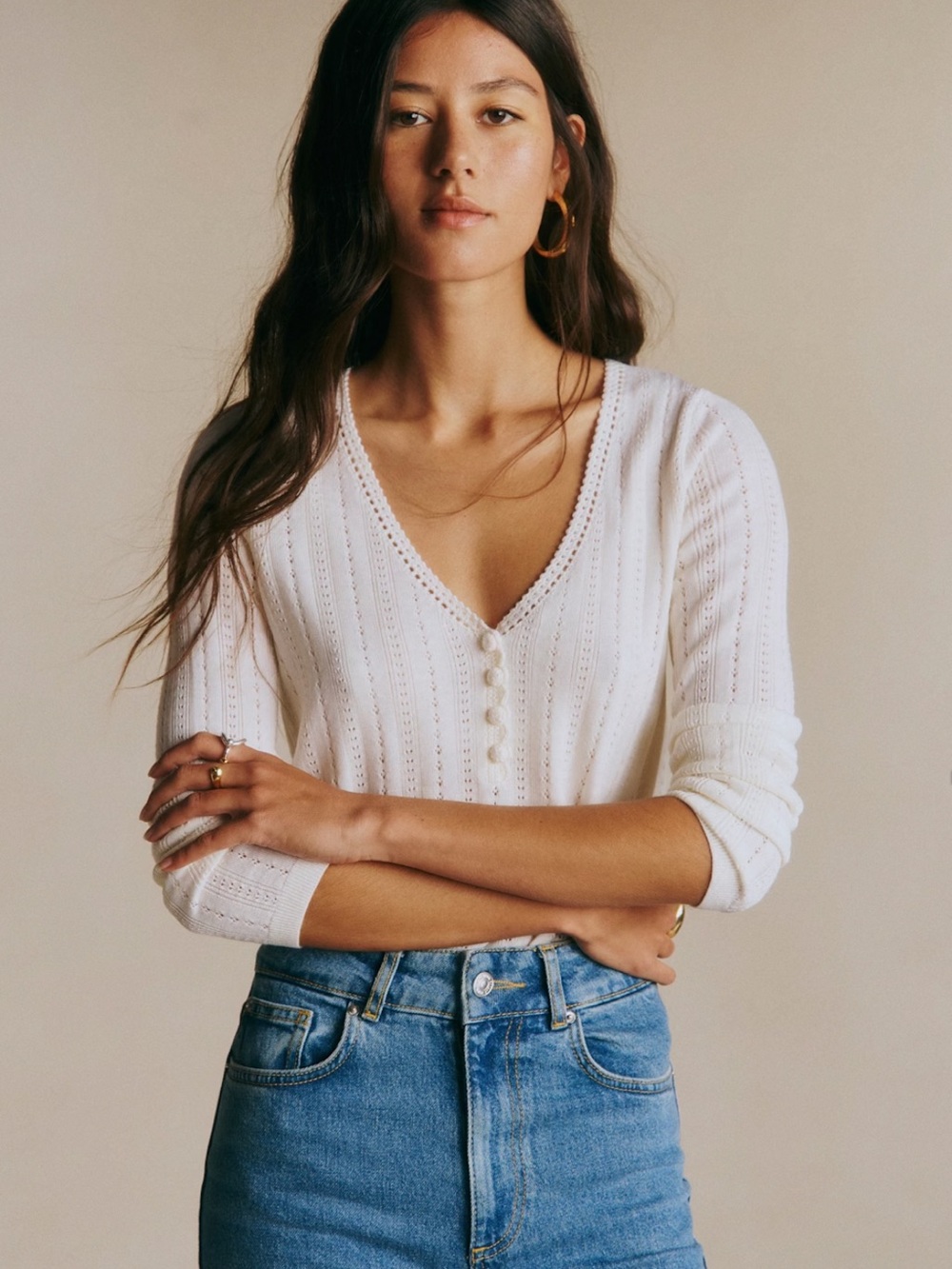 Sezane New With Tags White V-Neck Button Knit  Top